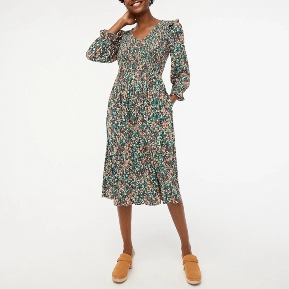 J. Crew V-Neck Smocked Green Floral Midi Dress - Picture 1 of 11